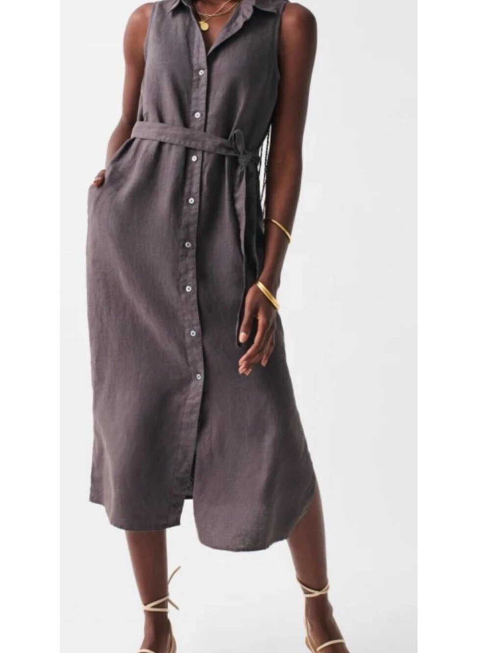 Faherty Sleeveless Button-Front Midi Dress in Charcoal - Picture 11 of 12